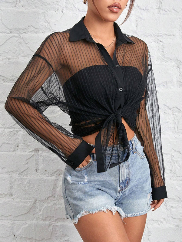 Camisa negra de malla transparente para mujer