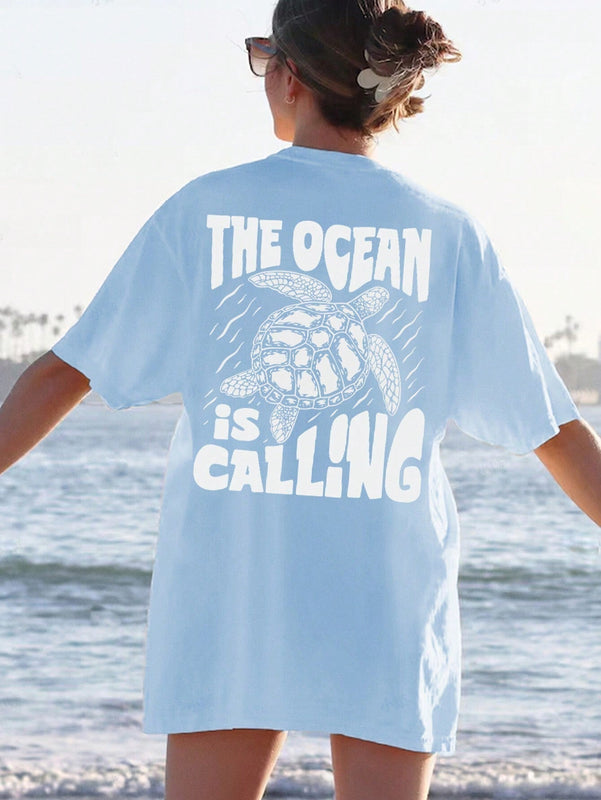 Camiseta larga para mujer de ajuste holgado/ajuste ajustado con patron de tortuga marina en la parte trasera, ideal para escapadas a la playa durante el verano