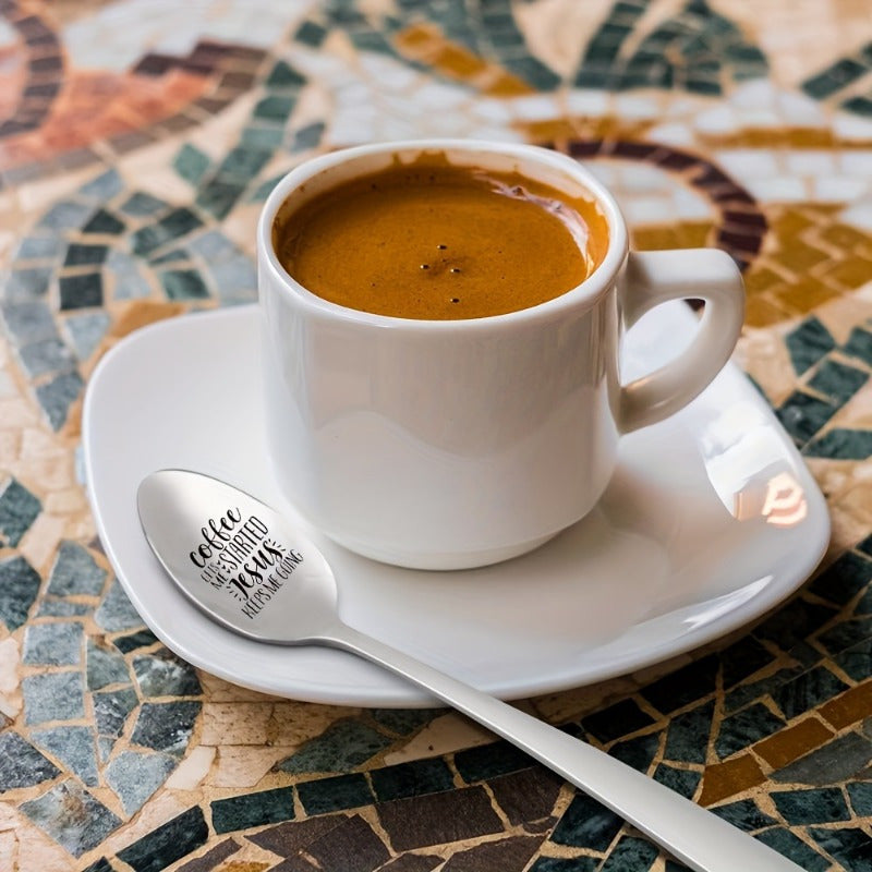 Cuchara de café de acero inoxidable grabada - Frase religiosa inspiradora, mango largo, duradero, regalo ideal para amantes del café y fieles, no se necesita electricidad, para mayores de 14 años