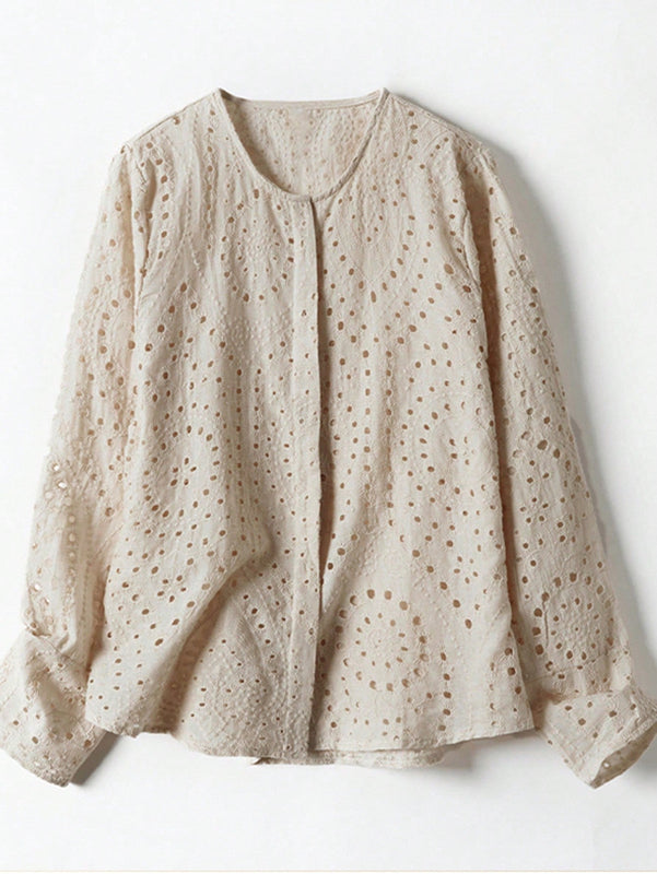 Camisa bordada sencilla de cuello redondo para mujer para uso diario
