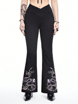ROMWE Goth Pantalones acampanados de mujer con estampado de piel de serpiente con ajuste delgado y cintura en forma de V