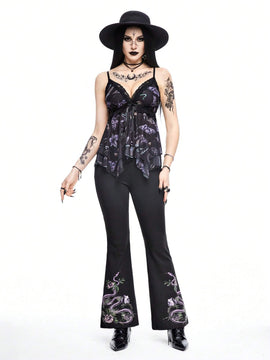 ROMWE Goth Pantalones acampanados de mujer con estampado de piel de serpiente con ajuste delgado y cintura en forma de V