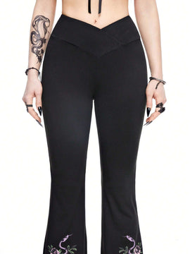 ROMWE Goth Pantalones acampanados de mujer con estampado de piel de serpiente con ajuste delgado y cintura en forma de V