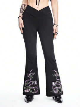 ROMWE Goth Pantalones acampanados de mujer con estampado de piel de serpiente con ajuste delgado y cintura en forma de V