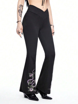ROMWE Goth Pantalones acampanados de mujer con estampado de piel de serpiente con ajuste delgado y cintura en forma de V