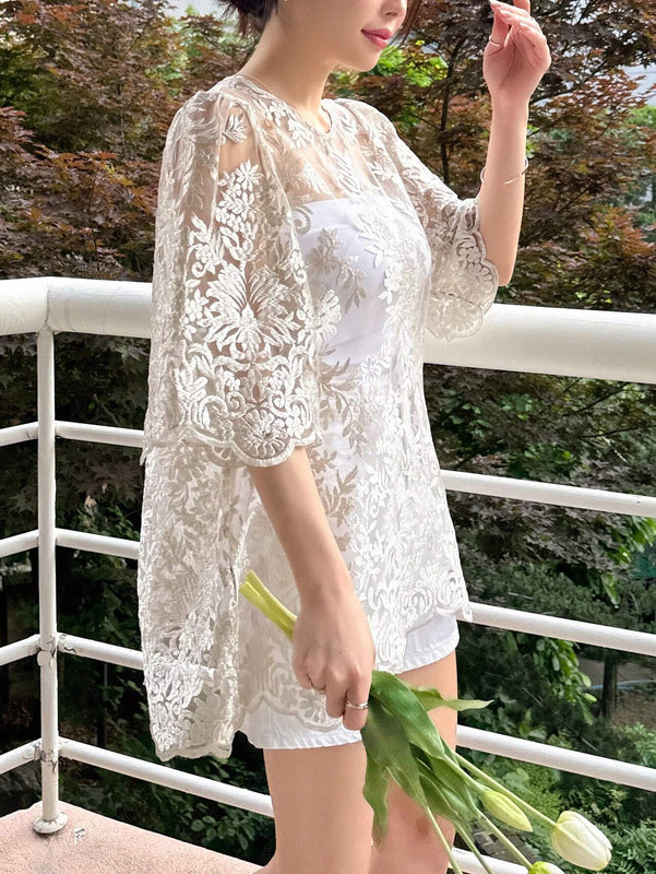 DAZY Blusa amplia de mujer con encaje y mangas cortas