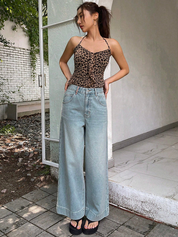 DAZY Pantalones Jeans casuales de pierna ancha y corte holgado para mujer con bolsillos