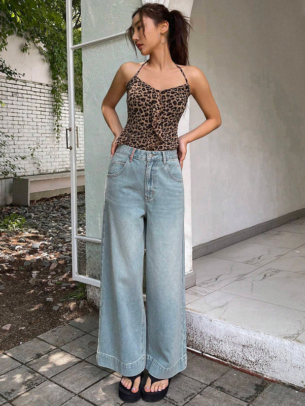 DAZY Pantalones Jeans casuales de pierna ancha y corte holgado para mujer con bolsillos