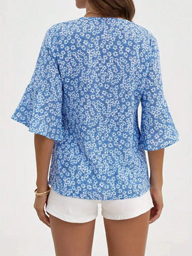 Camisa de manga acampanada con estampado floral Ditsy de ocio para mujer