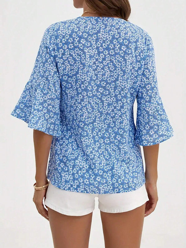 Camisa de manga acampanada con estampado floral Ditsy de ocio para mujer