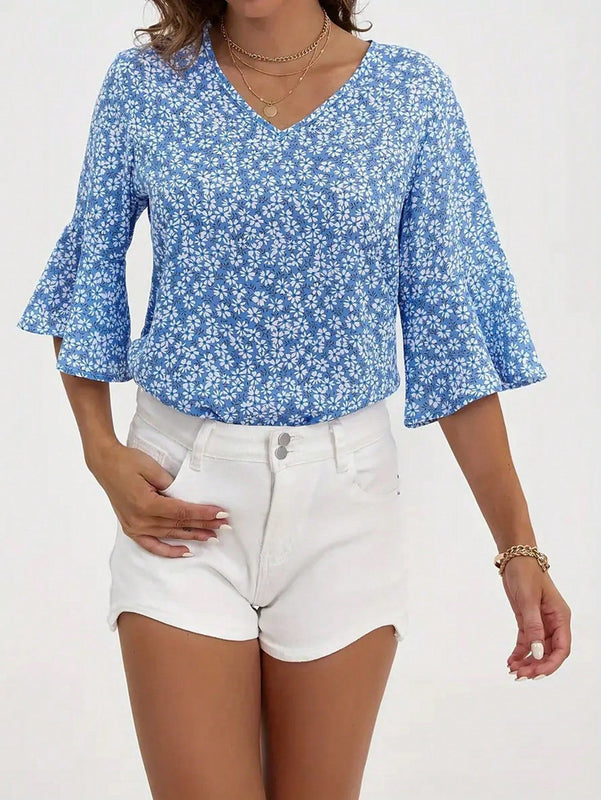 Camisa de manga acampanada con estampado floral Ditsy de ocio para mujer