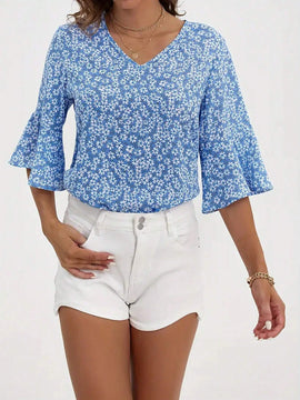 Camisa de manga acampanada con estampado floral Ditsy de ocio para mujer