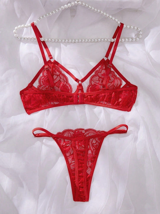 Conjunto de ropa interior para mujer con encaje y huecos, 2 piezas con soporte