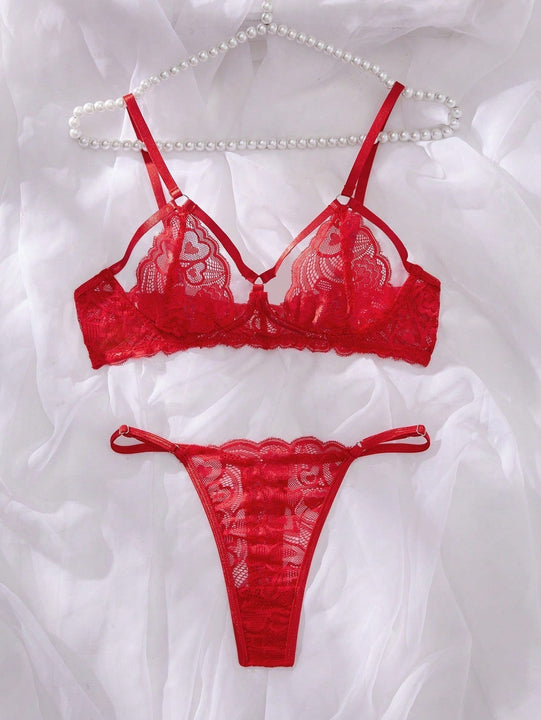 Conjunto de ropa interior para mujer con encaje y huecos, 2 piezas con soporte