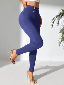 PETITE Pantalones ajustados de moda para mujer con decoracion de botones de metal
