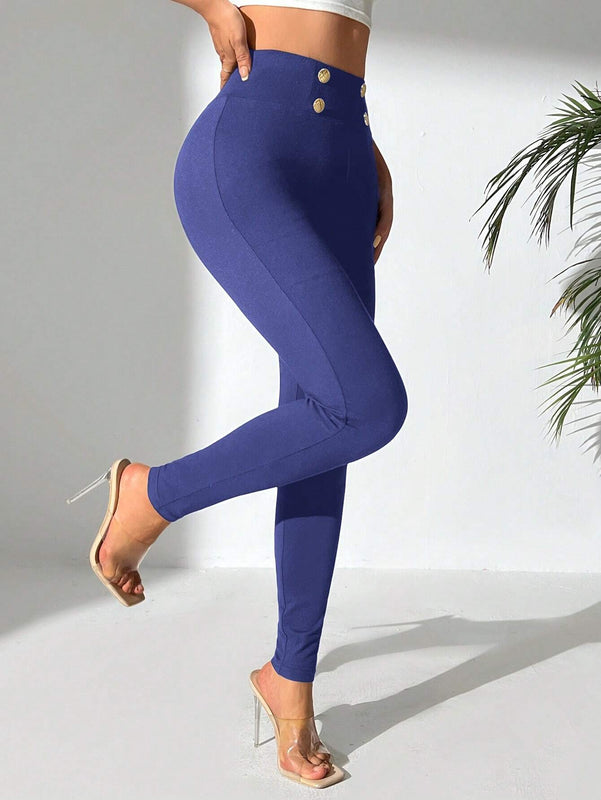 PETITE Pantalones ajustados de moda para mujer con decoracion de botones de metal