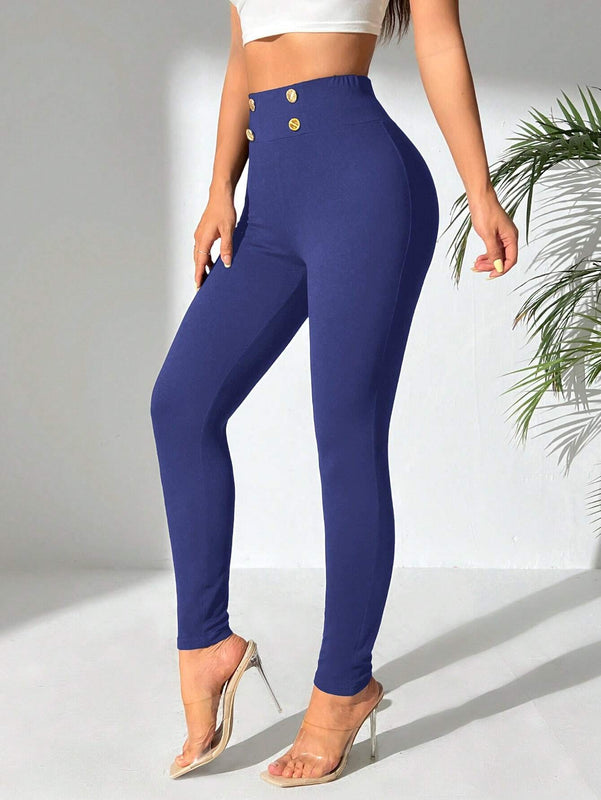 PETITE Pantalones ajustados de moda para mujer con decoracion de botones de metal