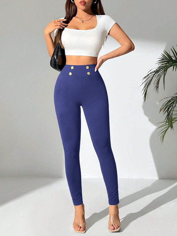 PETITE Pantalones ajustados de moda para mujer con decoracion de botones de metal