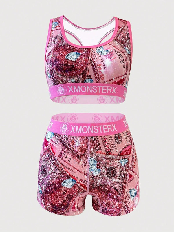 Conjunto deportivo casual para mujer que incluye banda tejida con letra, top deportivo y ropa interior, ropa de fitness para ciclismo y ejercicios