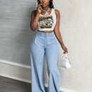 Slayr Pantalones Jeans de cintura alta para mujer con cintura elastica, pierna ancha y corte holgado, informales