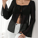 Camisa transparente de manga larga con cuello cuadrado y lazo frontal para mujer