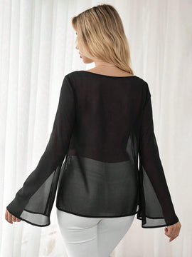 Camisa transparente de manga larga con cuello cuadrado y lazo frontal para mujer