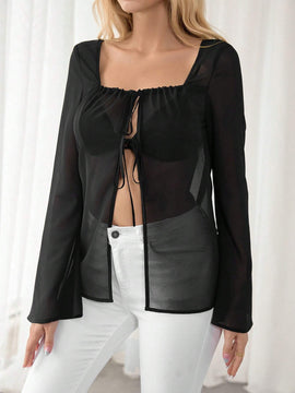 Camisa transparente de manga larga con cuello cuadrado y lazo frontal para mujer