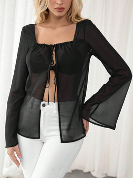Camisa transparente de manga larga con cuello cuadrado y lazo frontal para mujer