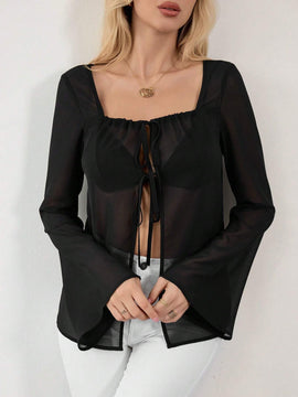 Camisa transparente de manga larga con cuello cuadrado y lazo frontal para mujer