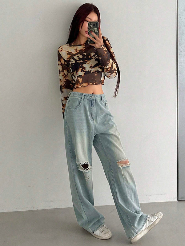 DAZY Jeanes casuales para mujer con pierna recta, ajuste holgado y desgastado, con bolsillos