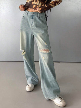 DAZY Jeanes casuales para mujer con pierna recta, ajuste holgado y desgastado, con bolsillos