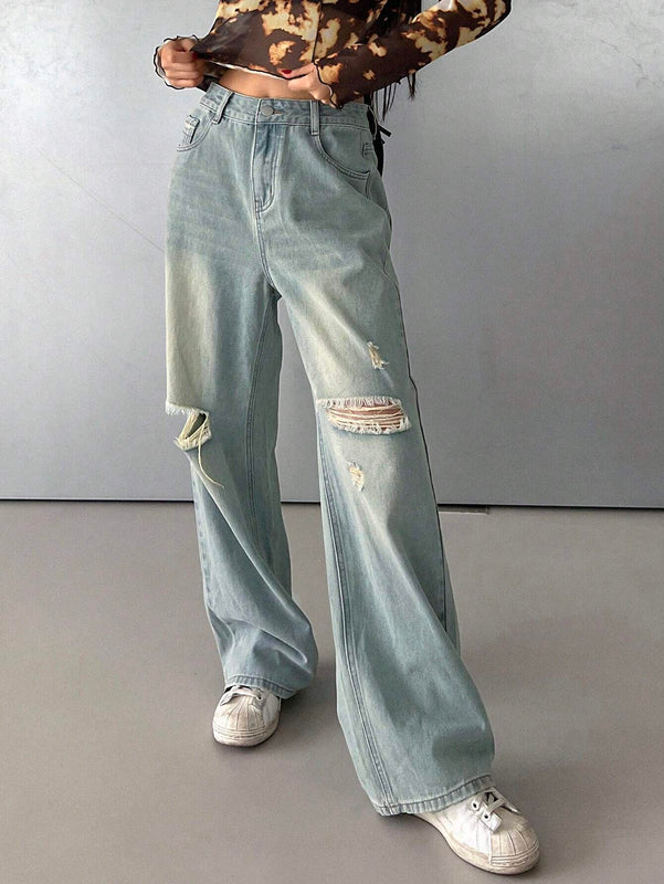 DAZY Jeanes casuales para mujer con pierna recta, ajuste holgado y desgastado, con bolsillos