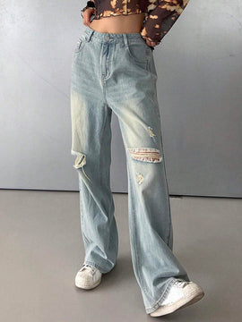DAZY Jeanes casuales para mujer con pierna recta, ajuste holgado y desgastado, con bolsillos