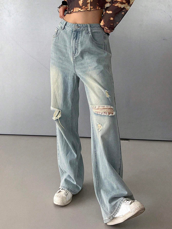 DAZY Jeanes casuales para mujer con pierna recta, ajuste holgado y desgastado, con bolsillos