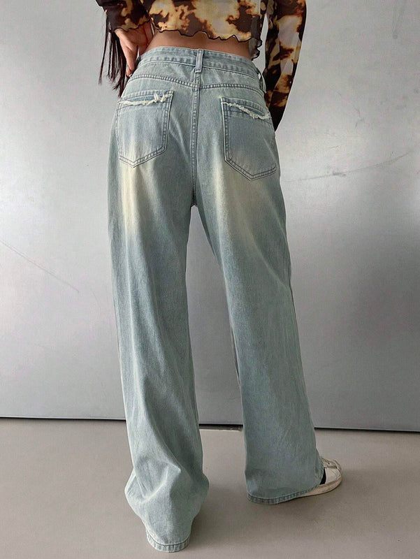 DAZY Jeanes casuales para mujer con pierna recta, ajuste holgado y desgastado, con bolsillos