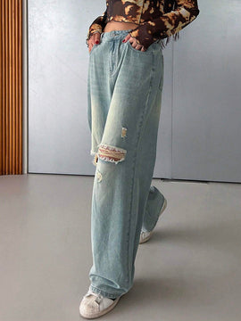 DAZY Jeanes casuales para mujer con pierna recta, ajuste holgado y desgastado, con bolsillos