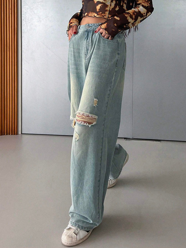 DAZY Jeanes casuales para mujer con pierna recta, ajuste holgado y desgastado, con bolsillos