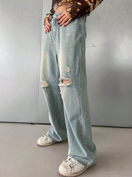 DAZY Jeanes casuales para mujer con pierna recta, ajuste holgado y desgastado, con bolsillos