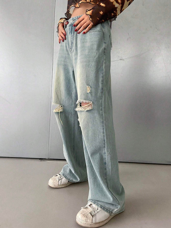 DAZY Jeanes casuales para mujer con pierna recta, ajuste holgado y desgastado, con bolsillos