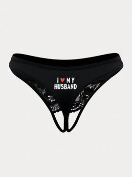 Ropa interior de tanga abierta con cordones sexy para mujer con impresion de letras y corazones de encaje