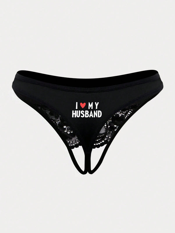 Ropa interior de tanga abierta con cordones sexy para mujer con impresion de letras y corazones de encaje