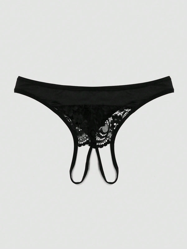 Ropa interior de tanga abierta con cordones sexy para mujer con impresion de letras y corazones de encaje