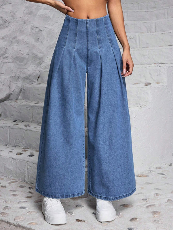PETITE Pantalones Jeans casuales y anchos de pierna ancha para mujer con pliegues para uso cotidiano y salidas