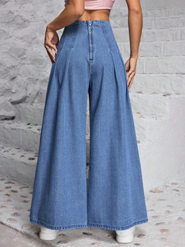 PETITE Pantalones Jeans casuales y anchos de pierna ancha para mujer con pliegues para uso cotidiano y salidas