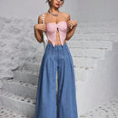 PETITE Pantalones Jeans casuales y anchos de pierna ancha para mujer con pliegues para uso cotidiano y salidas