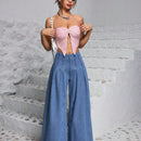 PETITE Pantalones Jeans casuales y anchos de pierna ancha para mujer con pliegues para uso cotidiano y salidas