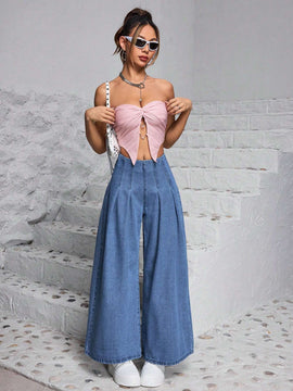 PETITE Pantalones Jeans casuales y anchos de pierna ancha para mujer con pliegues para uso cotidiano y salidas