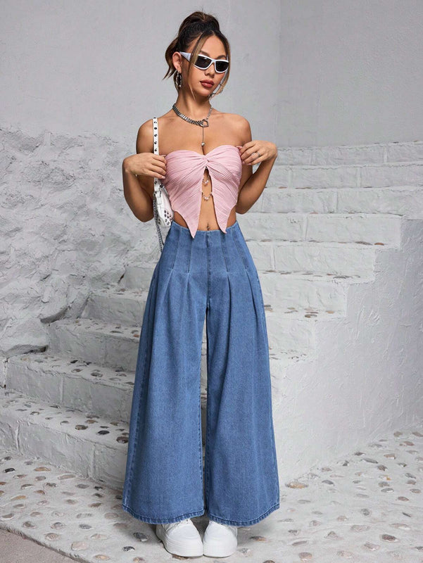 PETITE Pantalones Jeans casuales y anchos de pierna ancha para mujer con pliegues para uso cotidiano y salidas