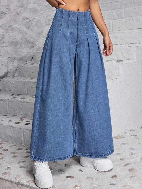 PETITE Pantalones Jeans casuales y anchos de pierna ancha para mujer con pliegues para uso cotidiano y salidas