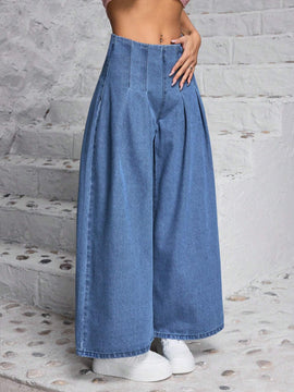 PETITE Pantalones Jeans casuales y anchos de pierna ancha para mujer con pliegues para uso cotidiano y salidas